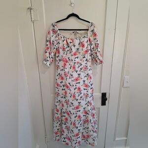 SHEIN White and Pink Floral 3/4 Sleeve Dress